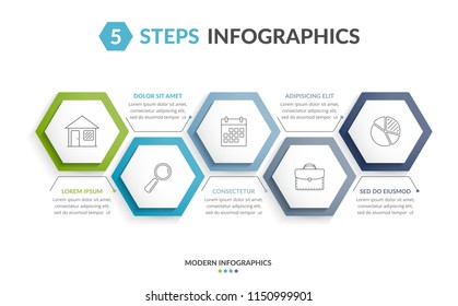 Infographic template with 5 hexagons with line icons, process chart, vector eps10 illustration