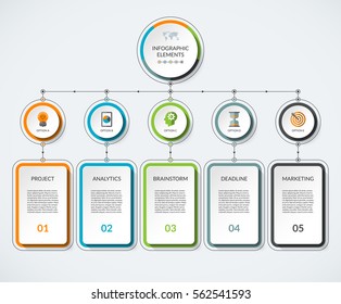 Infographic Template With 5 Option Circles And Columns. Modern Minimalistic Vector Banner What Can Be Used As Chart, Diagram, Graph, Table, Workflow Layout For Web, Report, Business Presentation