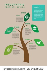 infographic template 5 options curved tree with green leaf icon in center Between the branches there is a letter in the upper right corner with a frame and white letters. brown background