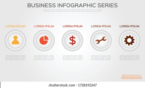 Plantilla de infografía con 5 opciones para presentaciones, publicidad, diseños, informes, folletos. Ilustración del vector plano.