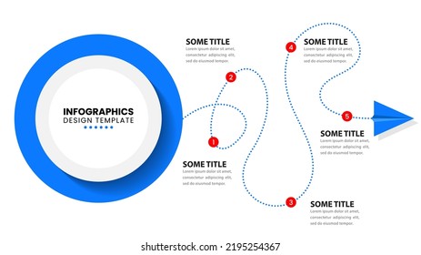 Plantilla de infografía con 5 opciones o pasos. Línea azul. Se puede utilizar para diseño de flujo de trabajo, diagrama, banner, diseño web. Ilustración del vector
