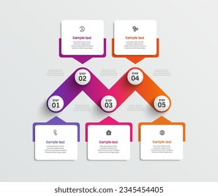 Plantilla de infografía con 5 opciones o pasos. Se puede utilizar para diseño de flujo de trabajo, diagrama, informe anual, diseño web
