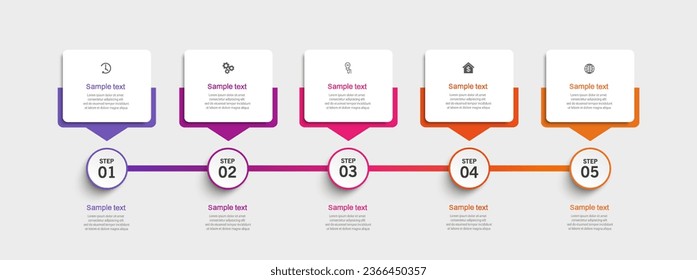 Plantilla de infografía con 5 opciones o pasos. Se puede utilizar para diseño de flujo de trabajo, diagrama, informe anual, diseño web