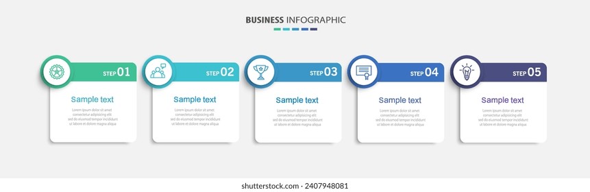 Plantilla de infografía con 5 opciones o pasos. Se puede utilizar para diseño de flujo de trabajo, diagrama, informe anual, diseño web