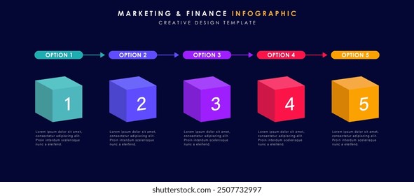 Infographic template and 5 options or steps. 3d Multicolored cubes. Workflow layout, diagram, banner, webdesign. Vector illustration