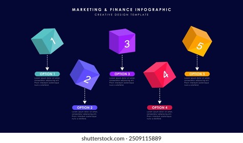 Infographic template and 5 options or steps. 3d Multicolored cubes with arrows. Workflow layout, diagram, banner, webdesign. Vector design