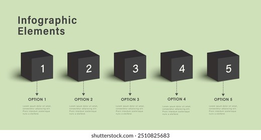 Infographic template and 5 options or steps. 3d black cubes on a green background. Workflow layout, diagram, banner, webdesign. Vector illustration