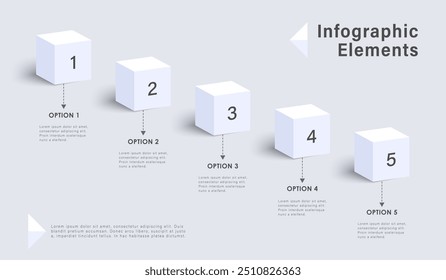 Infographic template and 5 options or steps. 3d white cubes. Workflow layout, diagram, banner, webdesign. Vector illustration