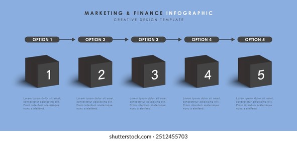 Plantilla de infografía y 5 opciones o pasos. Cubos negros 3D. Diseño de flujo de trabajo, diagrama, Anuncio, diseño web. Ilustración vectorial