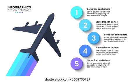 Infographic template with 5 options or steps. Airplane. Can be used for workflow layout, diagram, banner, webdesign. Vector illustration