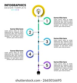 Modelo infográfico com 5 opções ou etapas. Tomada elétrica. Pode ser usado para layout de fluxo de trabalho, diagrama, banner, webdesign. Ilustração vetorial