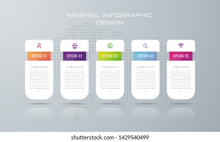 Infographic template with 5 options, workflow, process chart,Timeline infographics design vector can be used for workflow layout, diagram, annual report, web design, steps or processes. - Vector