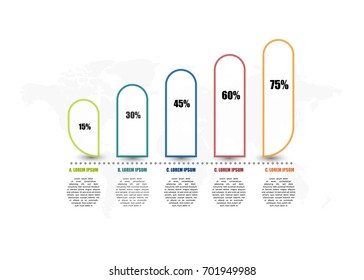 Infographic template with 5 schematic growth percent columns and text inscription. Simplified world map on background. Vector illustration. 