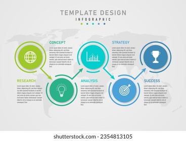 infographic template 5 step business plan multicolored circles with white icons above Circle border with directional arrows The letters are in the middle. Below is a map gray gradient background