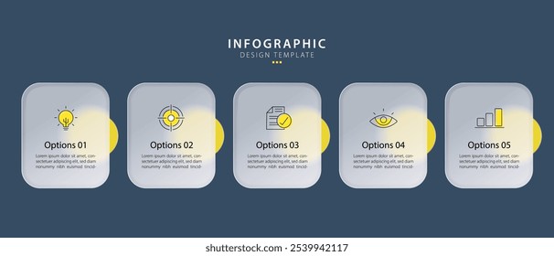 Fondo aislado de la línea de tiempo de 5 pasos de la Plantilla infográfica, diseño simple plano glassmorphic. Creador de diseños de flujo de trabajo empresarial 5 opciones, Ilustración vectorial Presentaciones.