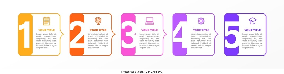 Modelo infográfico. 5 Passo de jornada de linha do tempo, modelo de design de infográficos simples plana. Gráfico de apresentação. Conceito de negócios com número e ícone 5 opções ou etapas. Ilustração de vetor de fundo.