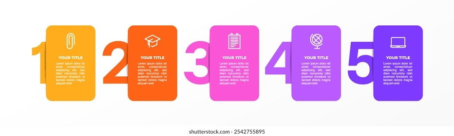 Plantilla infográfica. Viaje de la línea de tiempo de 5 pasos, Plantilla de diseño de infografías simples planas. Gráfico de presentación. Concepto de negocio con número e icono 5 opciones o pasos. Ilustración vectorial de antecedentes.