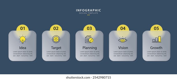 Fondo aislado de la línea de tiempo de 5 pasos de la Plantilla infográfica, diseño simple plano glassmorphic. Creador de diseños de flujo de trabajo empresarial 5 opciones, Ilustración vectorial Presentaciones.