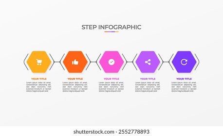 Infographic template. 5 Step timeline journey, Flat simple infographics design template. Presentation graph. Business concept with icon 5 options or steps. Background vector illustration.