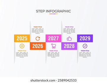 Infographic template. 5 Step timeline journey, Flat simple infographics design template. Presentation graph. Business concept with icon 5 options, years, and steps. Background vector illustration.