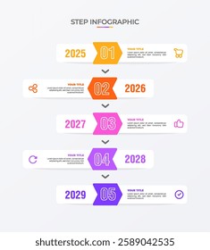 Infographic template. 5 Step timeline journey, Flat simple infographics design template. Presentation graph. Business concept with icon 5 options, years, and steps. Background vector illustration.