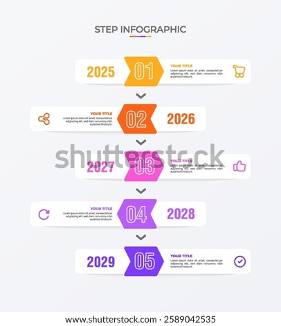 Infographic template. 5 Step timeline journey, Flat simple infographics design template. Presentation graph. Business concept with icon 5 options, years, and steps. Background vector illustration.