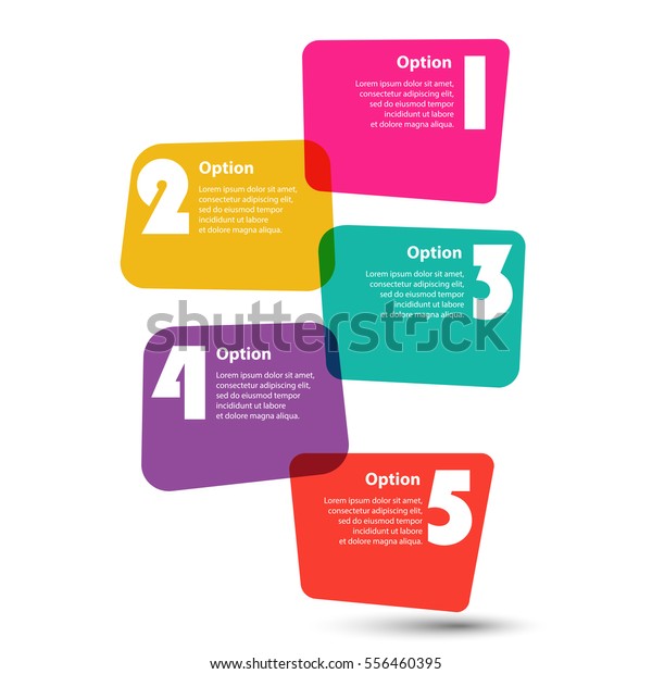 Infographic\
Template. 5 steps or actions. Colorful stickers in the form of\
squares of irregular shape. Vector EPS\
10