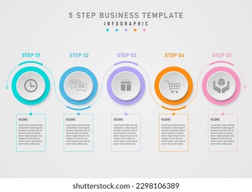 infographic template 5 steps business plan success multi colored circles center icon circular patch line with flowing arrows The squares and letters below on a clean gray gradient background.