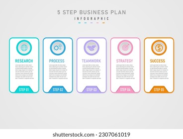 infographic template 5 steps business plan for success multi colored squares top circle with letter center icon on white background gray gradient design for marketing, product, project, finance