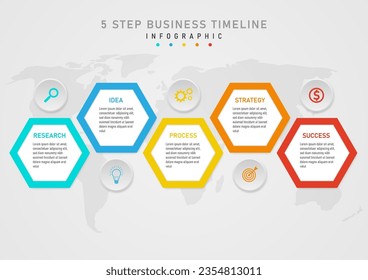 Infographic template 5 steps to business planning Multicolored hexagons with centered letters on a white background above and below with circles and icons in the middle. gray gradient background