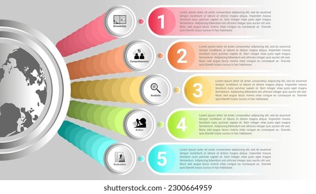infographic template with 5 steps icon, 5 steps description, and semicircle globe