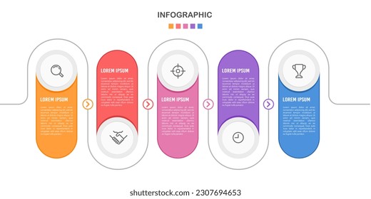 Plantilla infográfica 5 Pasos con curva de línea. Calendario comercial. Ilustración vectorial.
