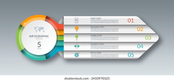 Infographic template with 5 steps, options, parts. Can be used for diagram, graph, chart, report, web design. 5-step vector banner in the form of an arrow.