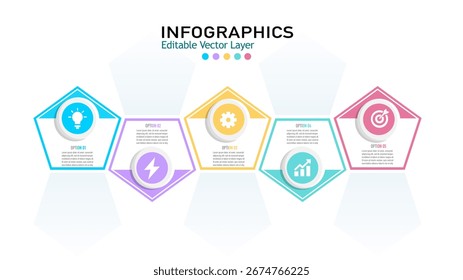 Modelo infográfico com 5 etapas, opções ou processos. Ilustração vetorial para apresentações, relatórios comerciais e marketing.