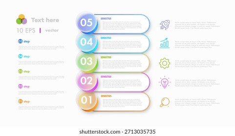 Infographic template 5 steps or options progress glassmorphic with icon search, idea, chart, success, goal for presentation, workflow, timeline, process