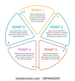 Infographic template - 5 steps or points with colorful rounded and outlined fragments, and sample text inside 