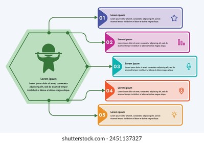 Plantilla infográfica. 5 pasos que están relacionados entre sí. Puede utilizar la Plantilla para mostrar los pasos en formato electrónico o imprimible.