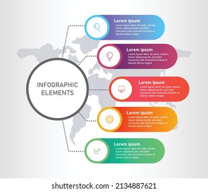 Plantilla Infográfica con 5 pasos, mapa mundial como fondo, con elementos de diseño gradiente