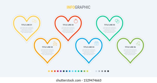 Infographic template. 6 hearts design with beautiful colors. Vector timeline elements for presentations.