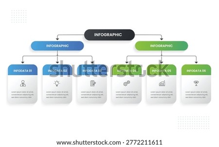 infographic template with 6 options for business structure and organization chart.