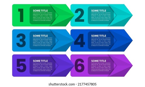 Plantilla de infografía con 6 opciones o pasos. Flechas. Se puede utilizar para diseño de flujo de trabajo, diagrama, banner, diseño web. Ilustración del vector