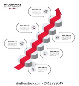 Infografische Vorlage mit 6 Optionen oder Schritten. Isometrische Treppe und roter Teppichboden. Kann für Workflow-Layout, Diagramm, Webdesign verwendet werden. Vektorgrafik