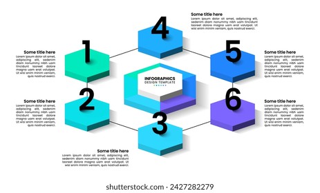 Infographic template with 6 options or steps. Isometric hexagon. Can be used for workflow layout, diagram, banner, webdesign. Vector illustration