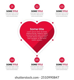 Infografik-Vorlage mit 6 Optionen oder Schritten. Rotes Herz. Kann für Workflow-Layout, Diagramm, Banner, Webdesign verwendet werden. Vektorgrafik