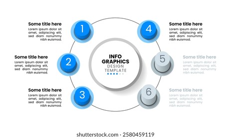 Infographic template with 6 options or steps. Blue buttons. Can be used for workflow layout, diagram, banner, webdesign. Vector illustration