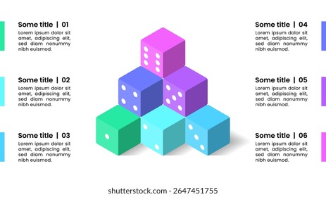 Modelo infográfico com 6 opções ou etapas. Dados. Pode ser usado para layout de fluxo de trabalho, diagrama, banner, webdesign. Ilustração vetorial