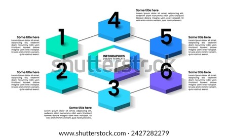 Infographic template with 6 options or steps. Isometric hexagon. Can be used for workflow layout, diagram, banner, webdesign. Vector illustration