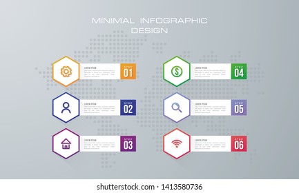 Infographic template with 6 options, workflow, process chart,Timeline infographics design vectocan be used for workflow layout, diagram, annual report, web design, steps or processes. - Vector