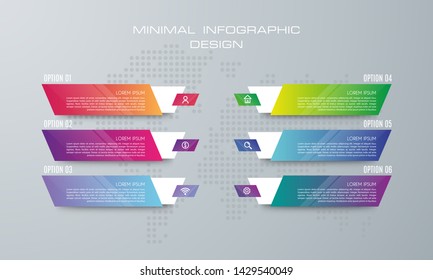 Infographic template with 6 options, workflow, process chart,Timeline infographics design vector can be used for workflow layout, diagram, annual report, web design, steps or processes. - Vector