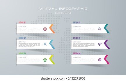 Infographic template with 6 options, workflow, process chart,Timeline infographics design vector can be used for workflow layout, diagram, annual report, web design, steps or processes. - Vector